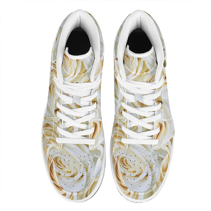 White Rose Print High Top Leather Sneakers