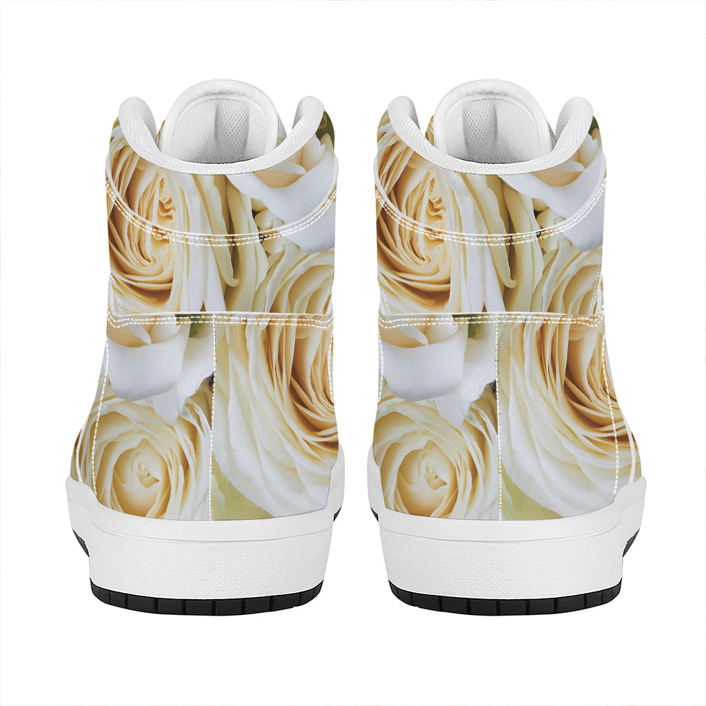 White Rose Print High Top Leather Sneakers