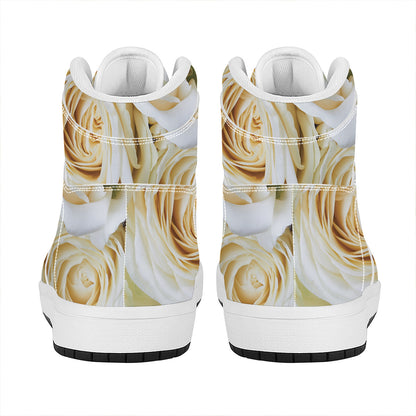 White Rose Print High Top Leather Sneakers