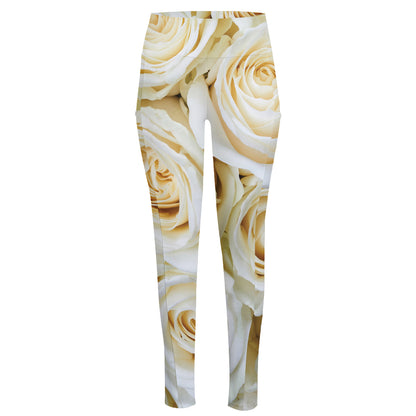 White Rose Print High-Waisted Pocket Leggings