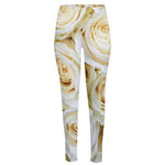 White Rose Print High-Waisted Pocket Leggings
