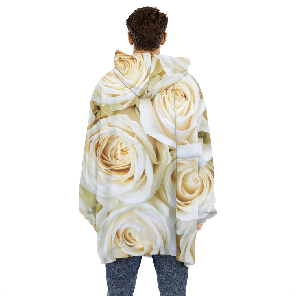 White Rose Print Hoodie Blanket