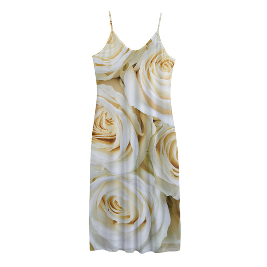 White Rose Print Jersey Midi Cami Dress