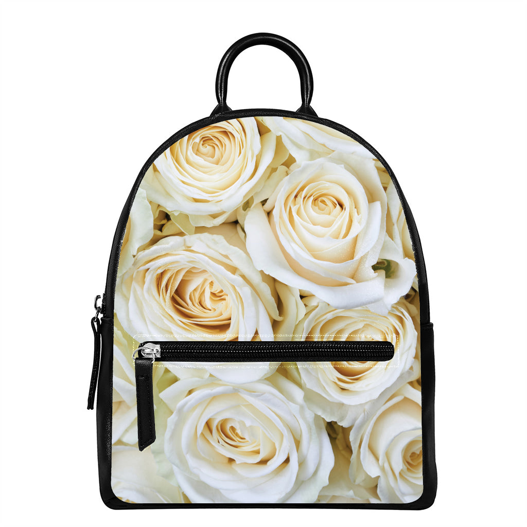 White Rose Print Leather Backpack