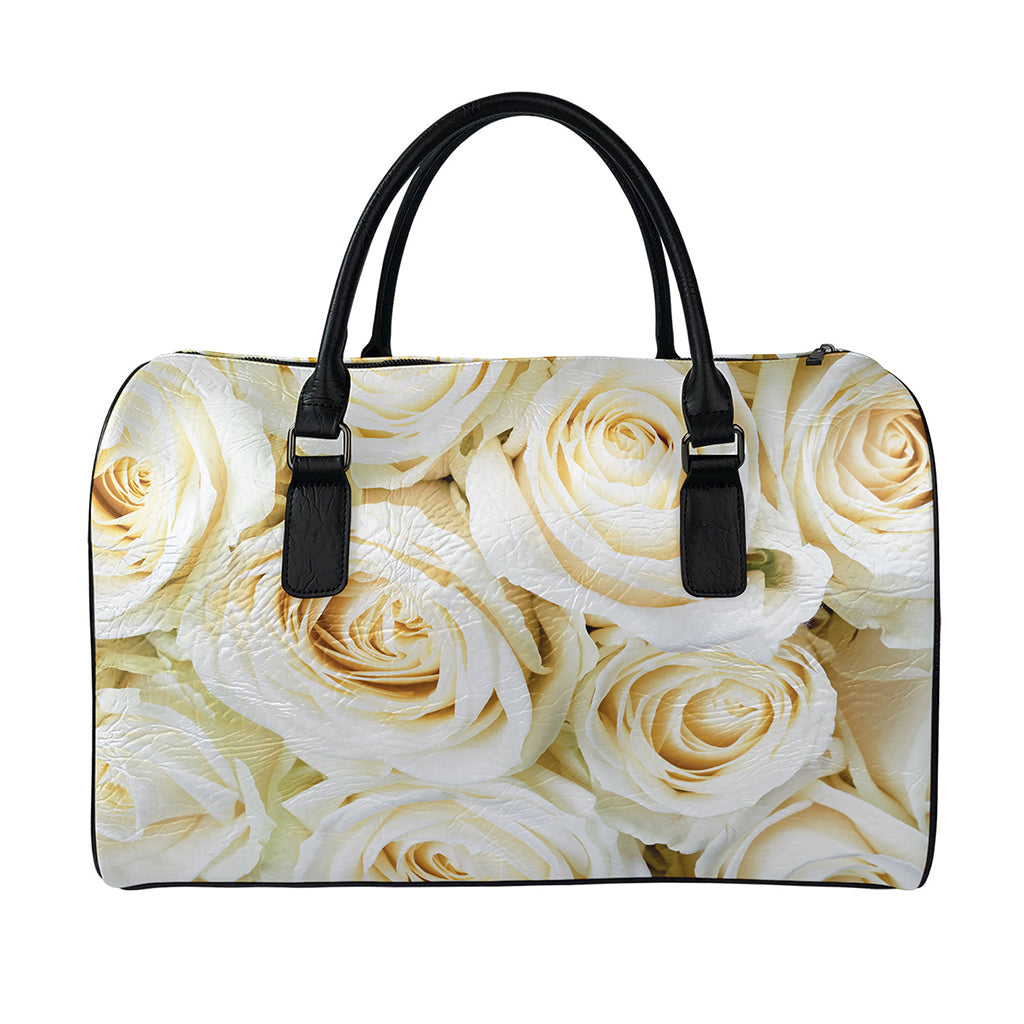 White Rose Print Leather Duffle Bag