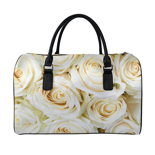 White Rose Print Leather Duffle Bag
