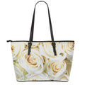 White Rose Print Leather Tote Bag With Zipper