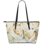 White Rose Print Leather Tote Bag
