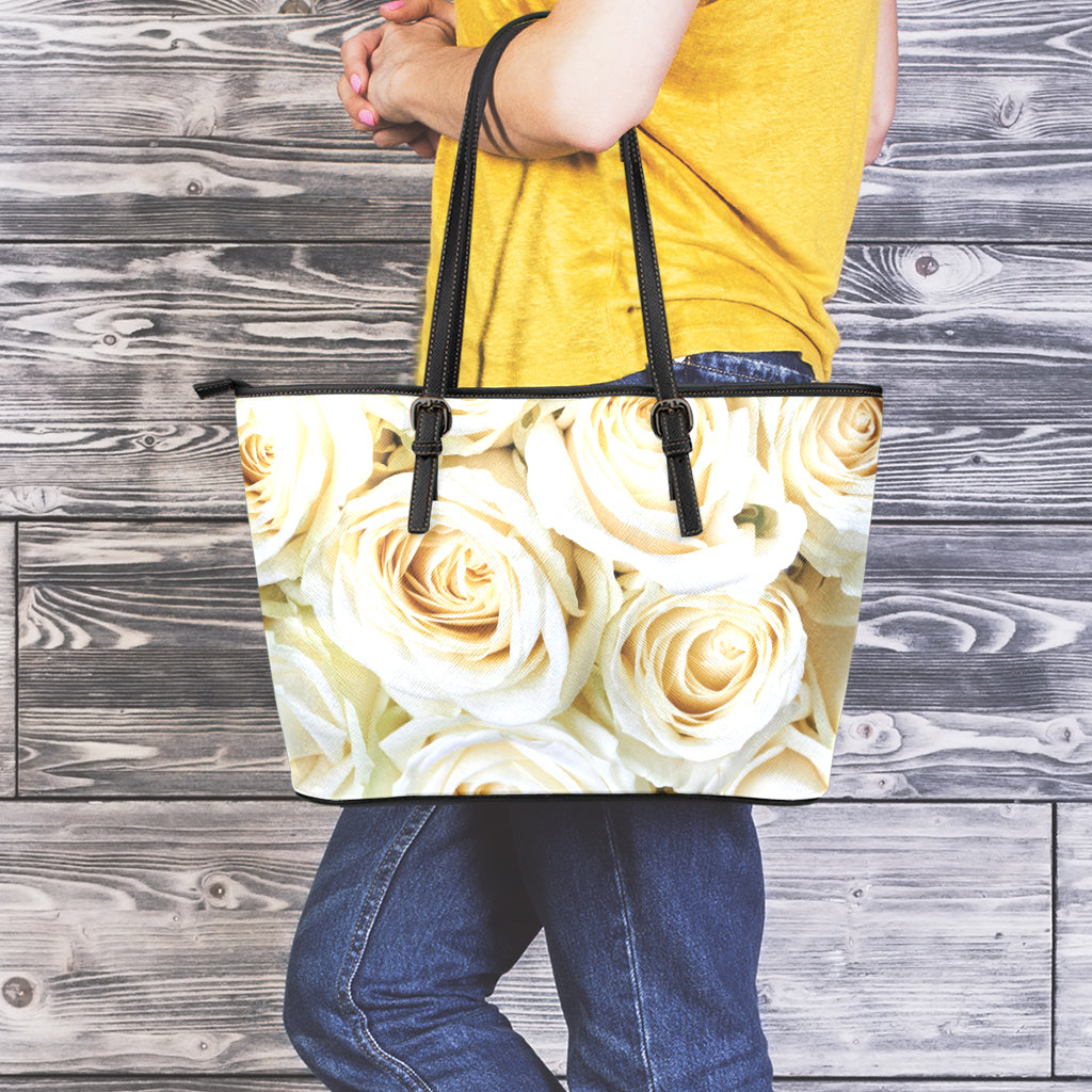 White Rose Print Leather Tote Bag