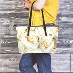 White Rose Print Leather Tote Bag