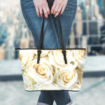 White Rose Print Leather Tote Bag