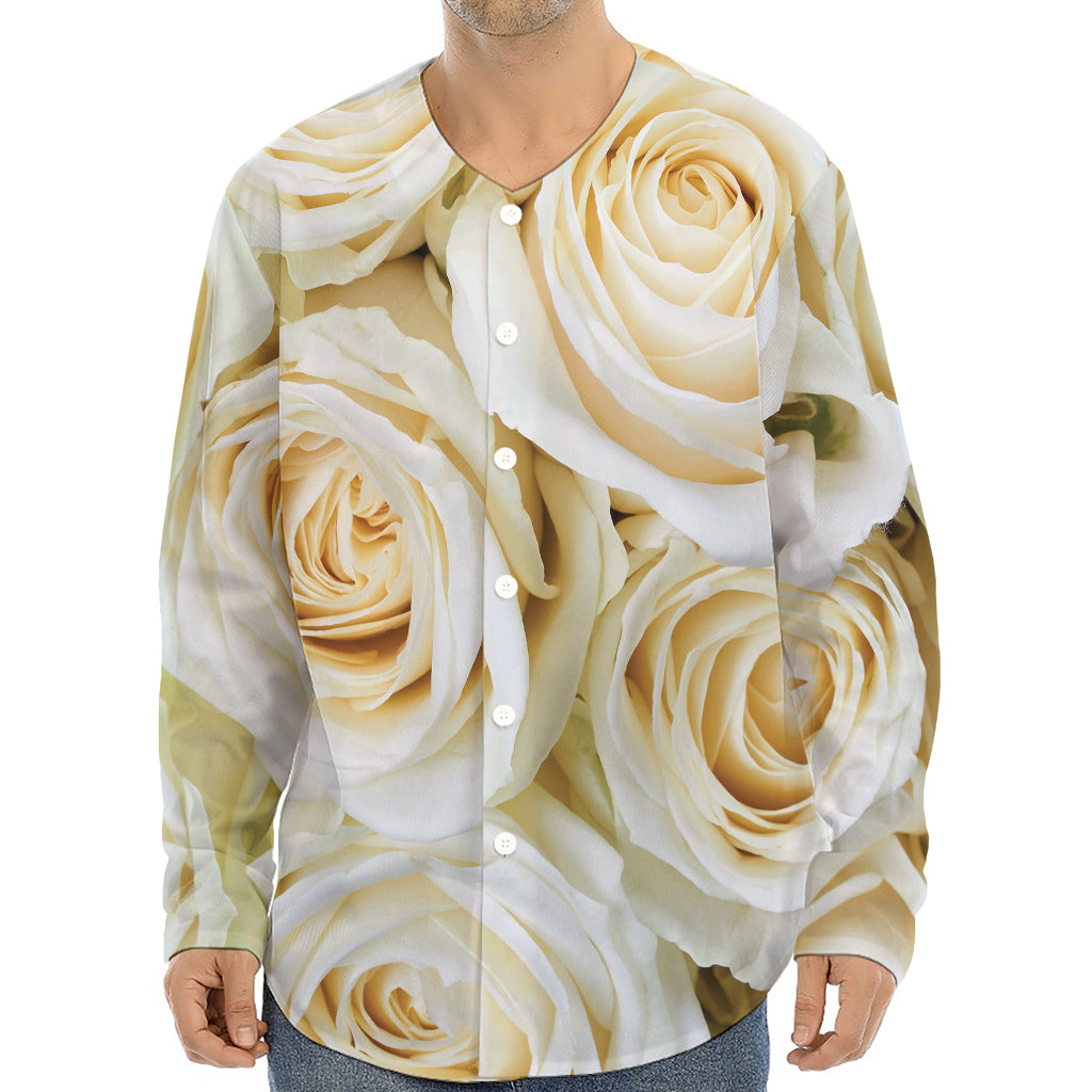 White Rose Print Long Sleeve Baseball Jersey