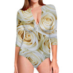 White Rose Print Long Sleeve Swimsuit