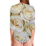 White Rose Print Long Sleeve Swimsuit