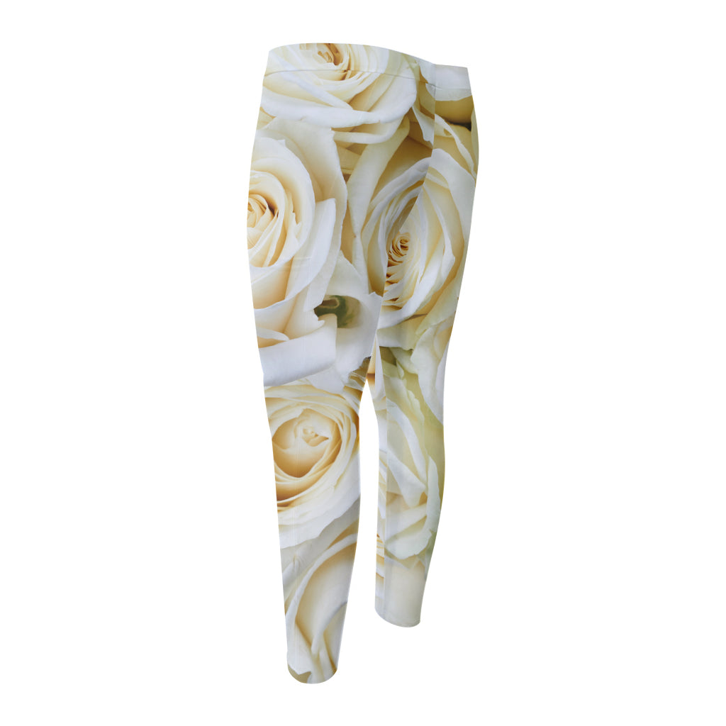 White Rose Print Men's Compression Pants