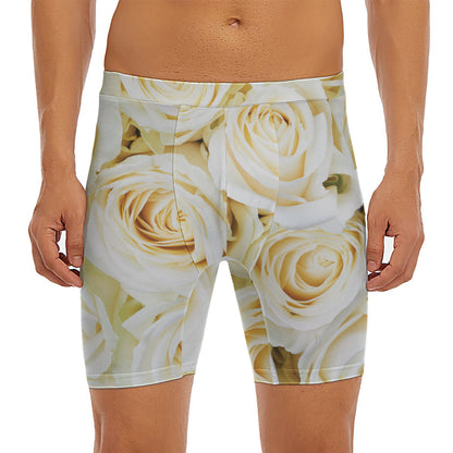 White Rose Print Men's Long Boxer Briefs