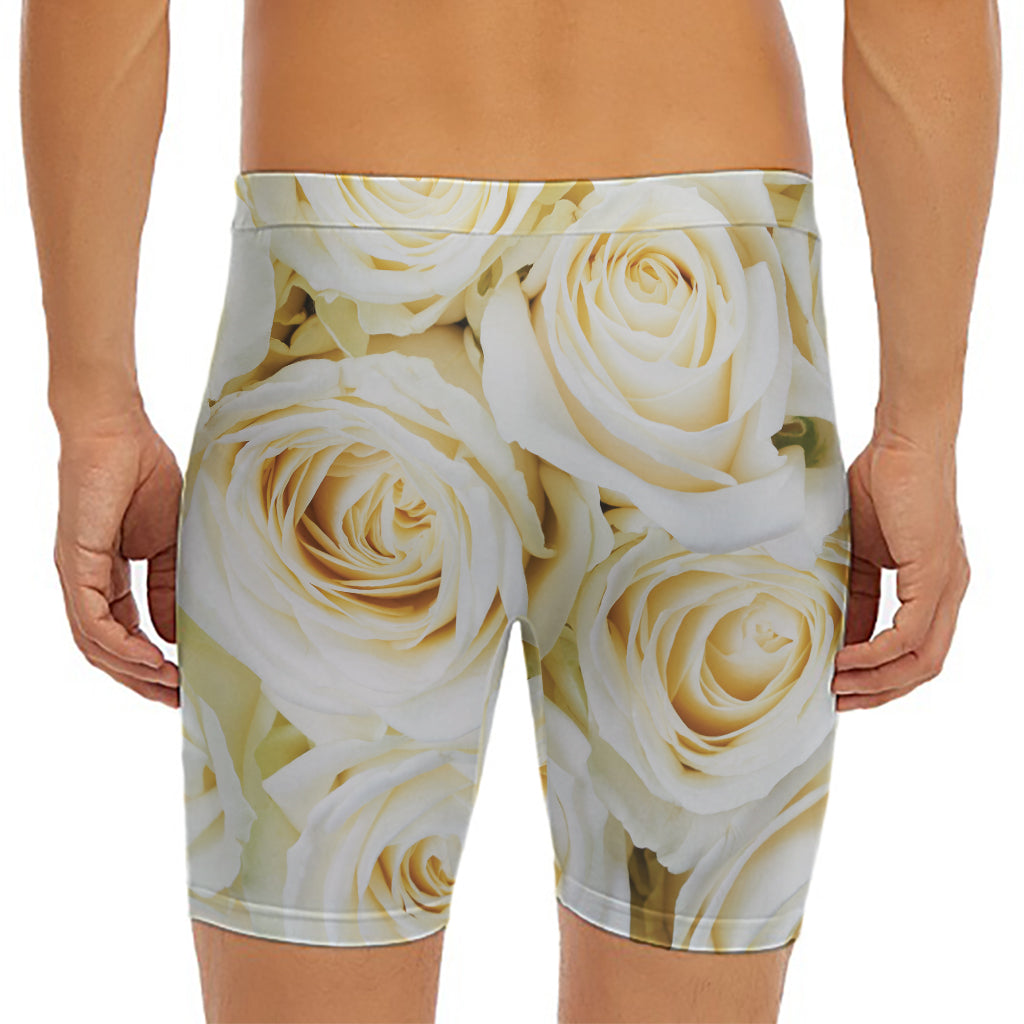 White Rose Print Men's Long Boxer Briefs