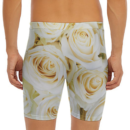 White Rose Print Men's Long Boxer Briefs