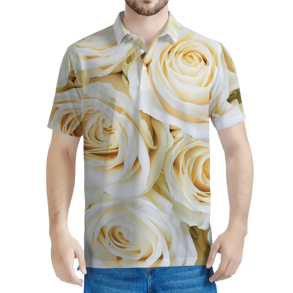 White Rose Print Men's Polo Shirt