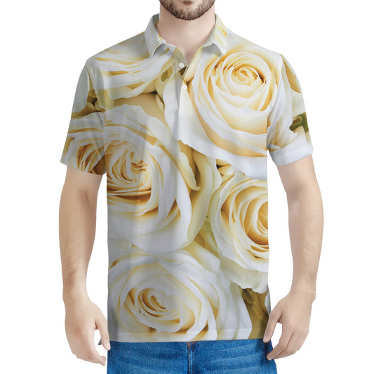 White Rose Print Men's Polo Shirt