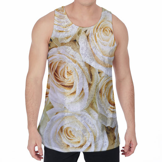 White Rose Print Men's Velvet Tank Top