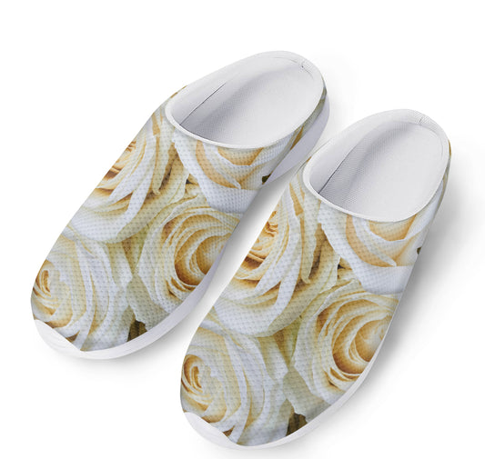 White Rose Print Mesh Casual Shoes