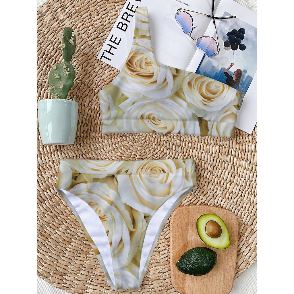 White Rose Print One Shoulder Bikini Top