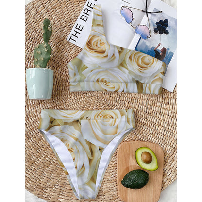 White Rose Print One Shoulder Bikini Top