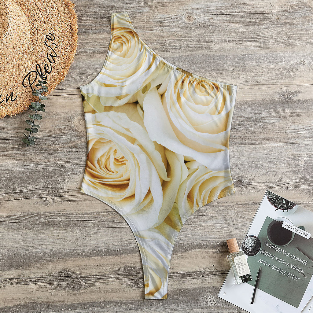 White Rose Print One Shoulder Bodysuit