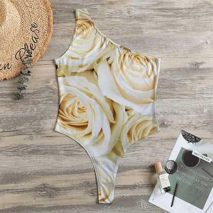 White Rose Print One Shoulder Bodysuit