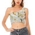 White Rose Print One Shoulder Crop Top