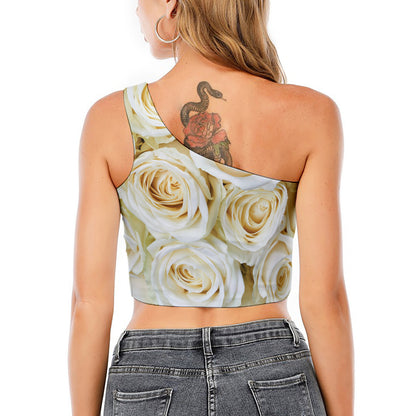 White Rose Print One Shoulder Crop Top