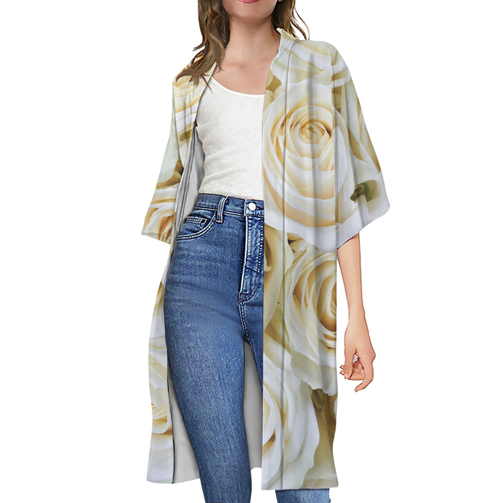 White Rose Print Open Front Beach Cover Up