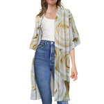 White Rose Print Open Front Beach Cover Up