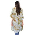 White Rose Print Open Front Beach Cover Up