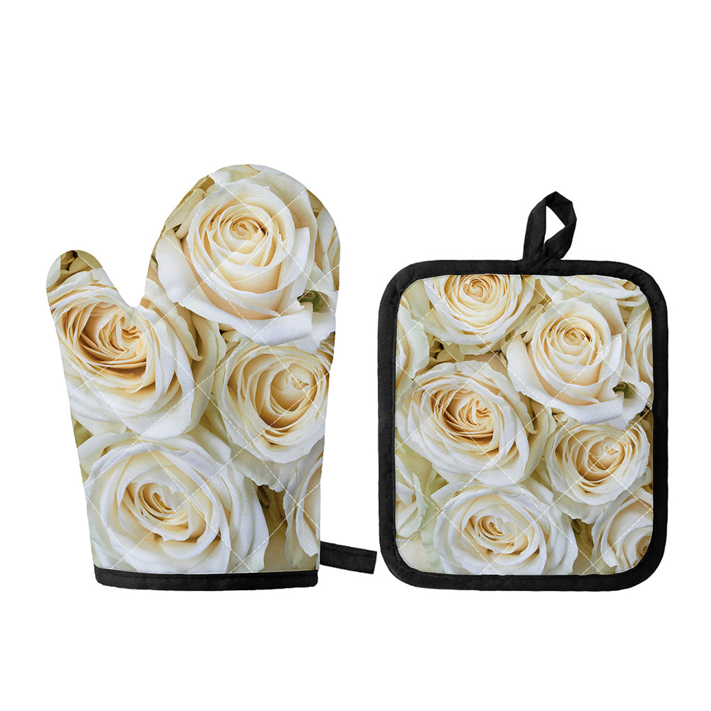 White Rose Print Oven Mitt And Pot Holder Set