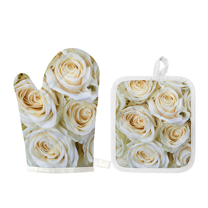 White Rose Print Oven Mitt And Pot Holder Set