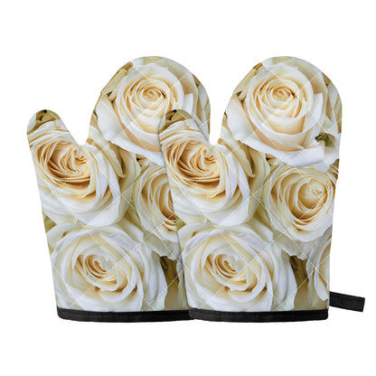 White Rose Print Oven Mitts