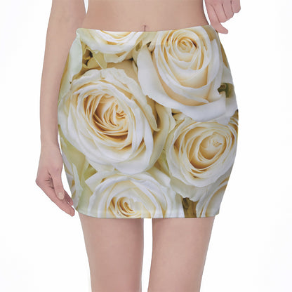White Rose Print Pencil Mini Skirt