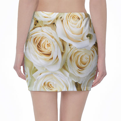 White Rose Print Pencil Mini Skirt