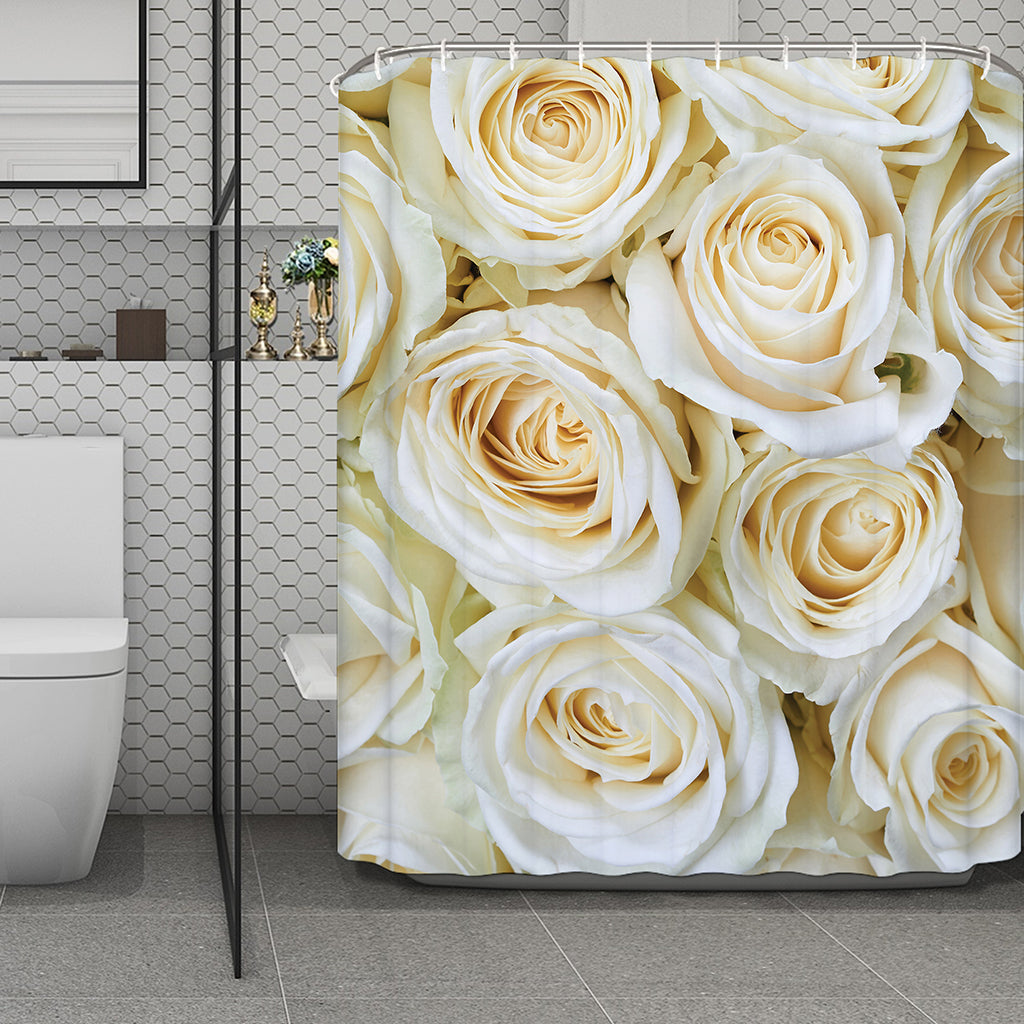 White Rose Print Polyester Shower Curtain