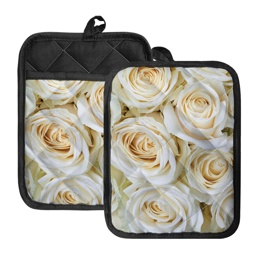 White Rose Print Pot Holders With Pocket