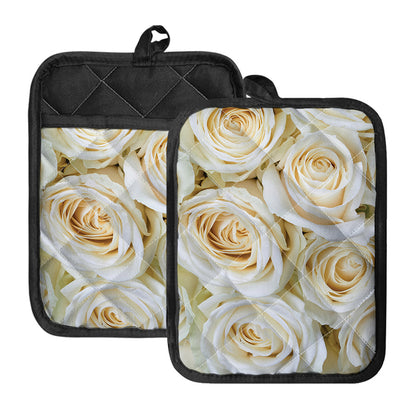 White Rose Print Pot Holders With Pocket