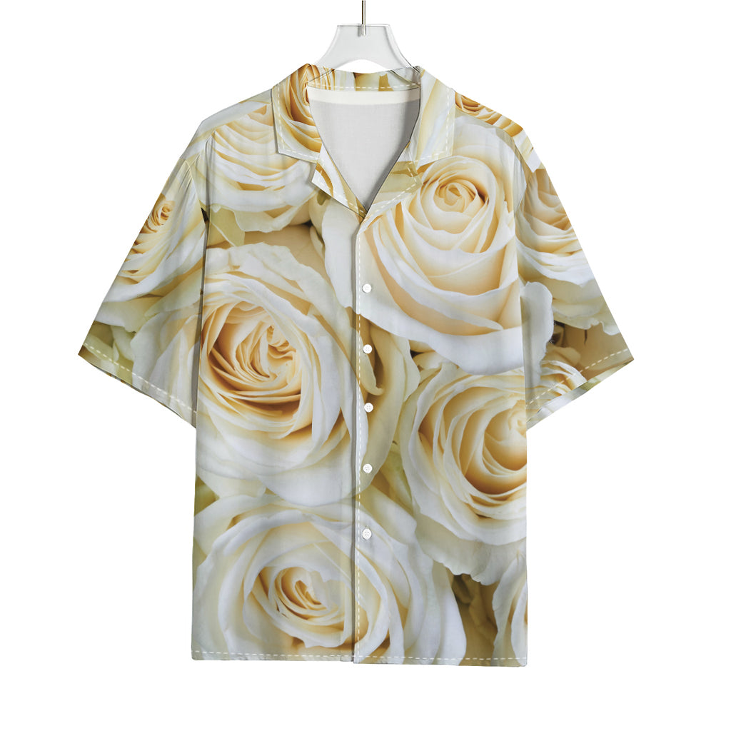 White Rose Print Rayon Hawaiian Shirt