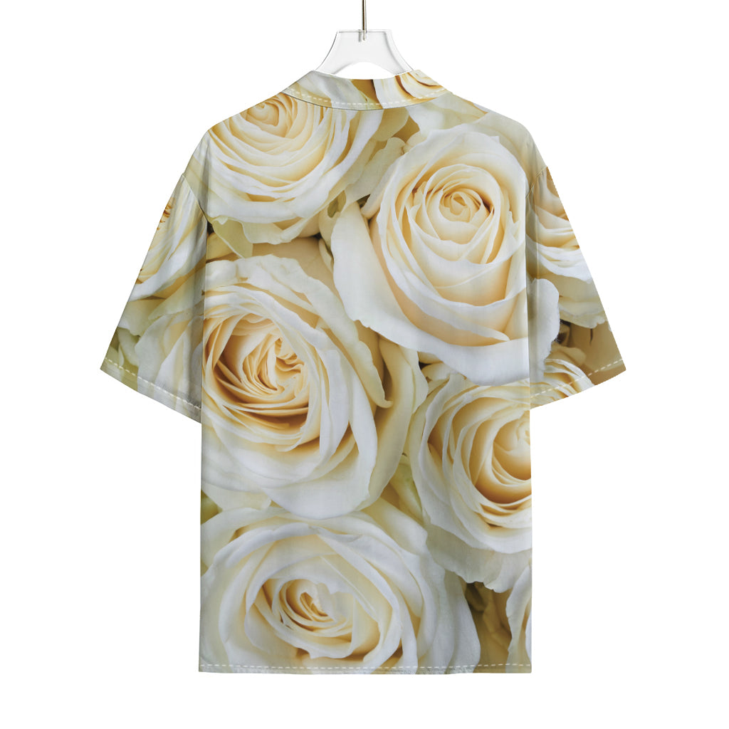 White Rose Print Rayon Hawaiian Shirt