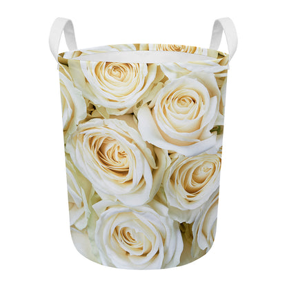 White Rose Print Round Laundry Basket