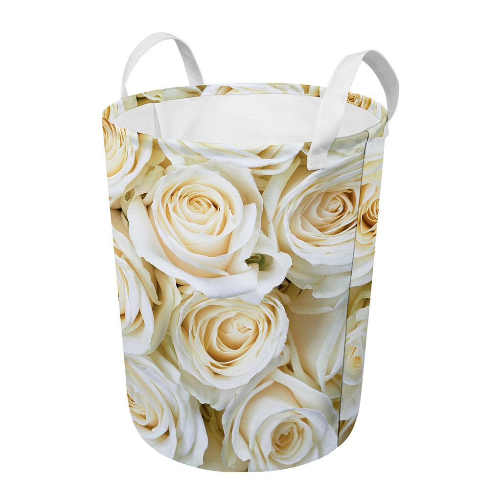 White Rose Print Round Laundry Basket