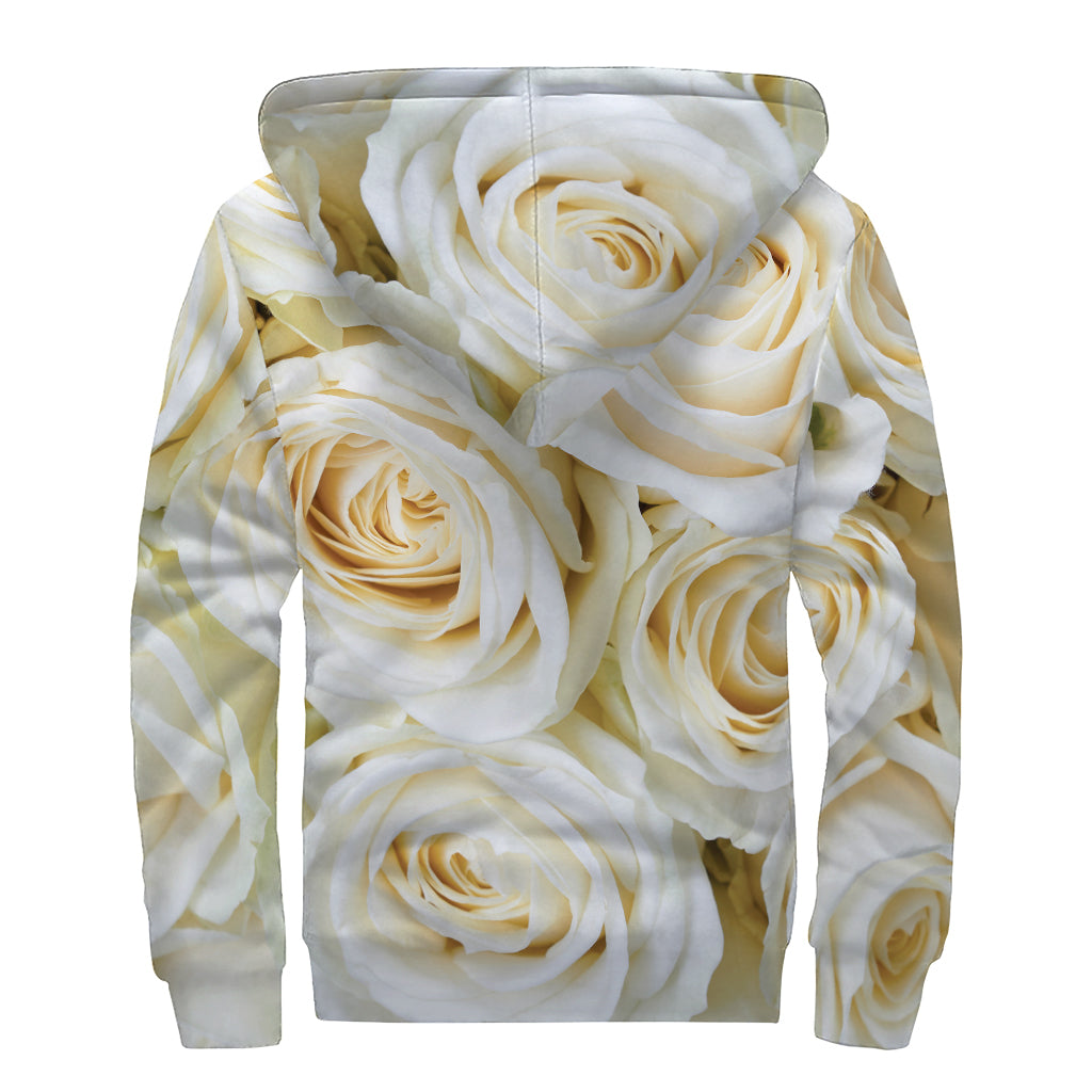White Rose Print Sherpa Lined Zip Up Hoodie