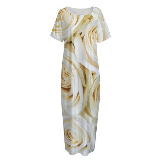 White Rose Print Short Sleeve Long Nightdress