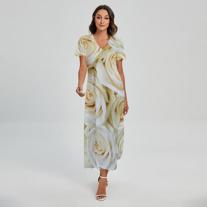 White Rose Print Short Sleeve Maxi Dress